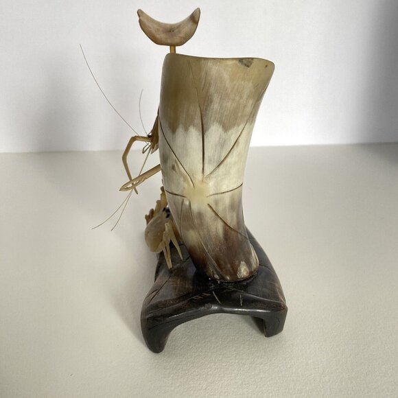 Crab Shrimp Lotus Hand Carved Animal Horn Sculpture Pen Holder Vintage Desk Set - Picture 6 of 16